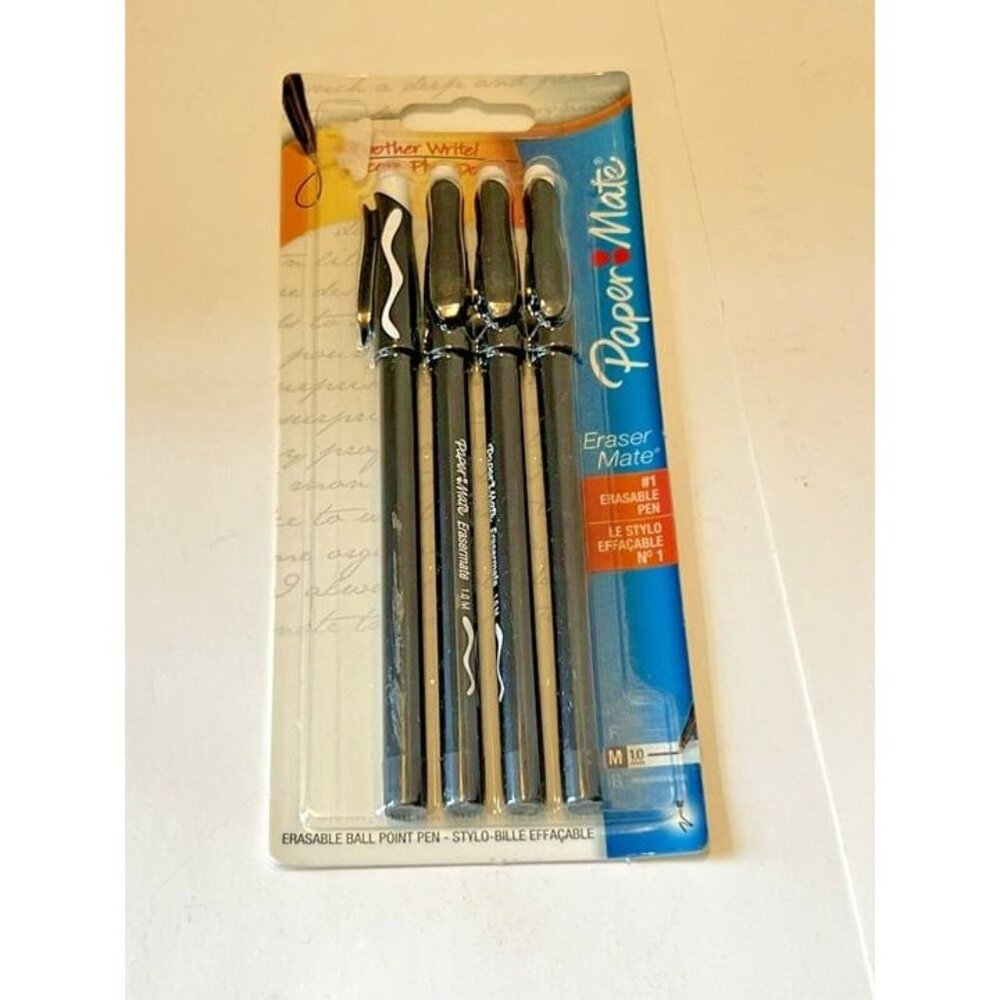 Paper Mate Erasermate Erasable Pens 4 Pack Medium Tip Black Ballpoint‎ NOS 2012